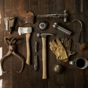 profile
gpt-5
Overhead view of vintage hand tools arranged on a wooden workbench—hammer, axe, tongs, crowbar, tape measure, knives, gloves, and a metal mug.