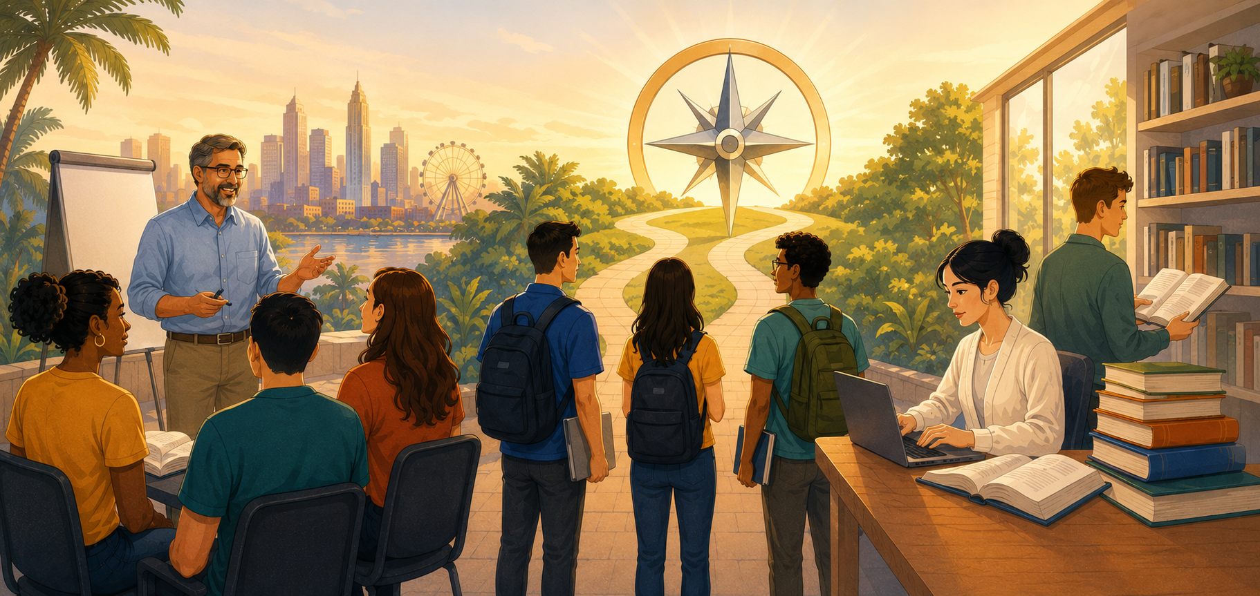 A group of students engages in career guidance and scientific study on a sunlit terrace, with a city skyline, books, a laptop, and a compass symbolizing academic and career exploration.